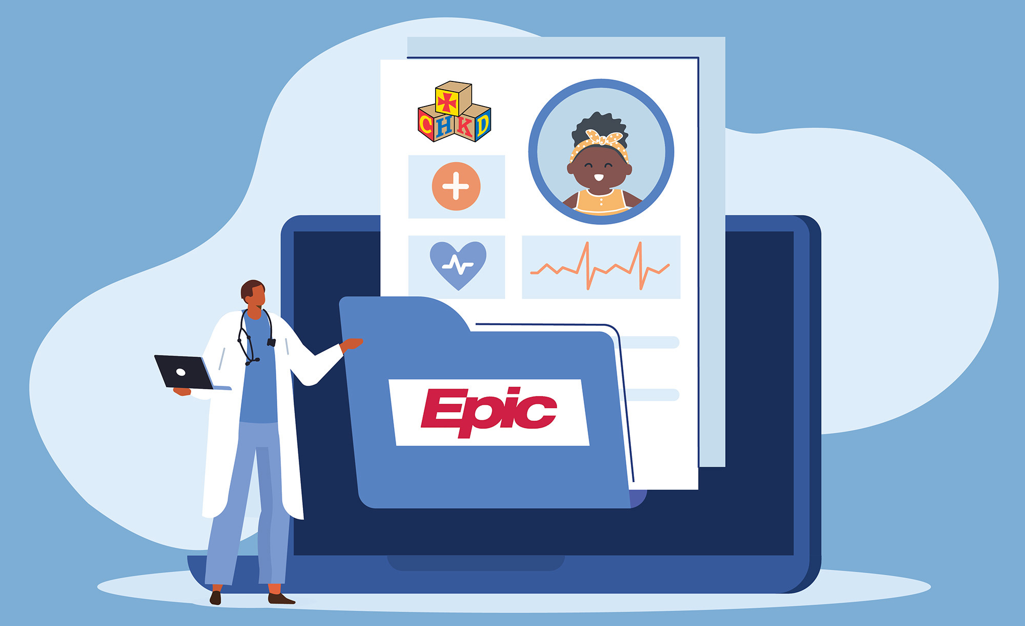 Branded cartoon-like graphic showing a doctor pointing to an EHR file.
