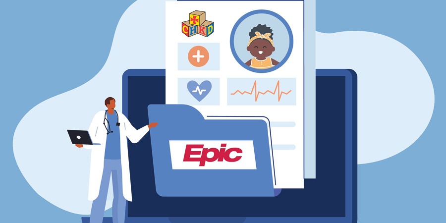 Branded cartoon-like graphic showing a doctor pointing to an EHR file.