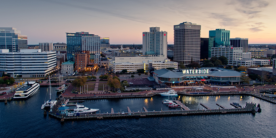 Aerial view of the Waterside District in Norfolk, Virginia.