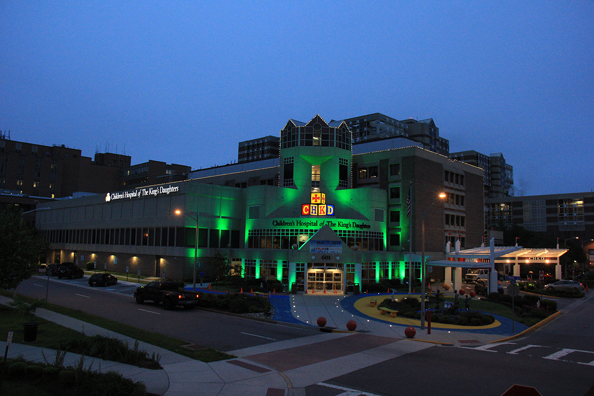 Children's Hospital of The King's Daughters lit green for Mental Health Month.