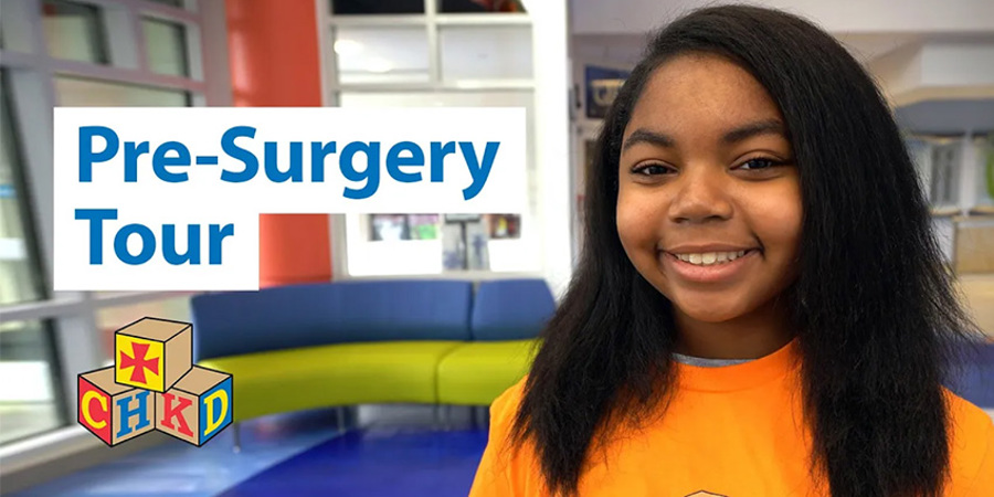 Close up of young girl in the lobby of CHKD with a text overlay that reads: pre-surgery tour with our blocks logo.