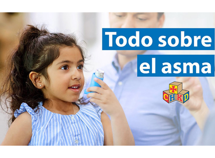 Video title board of a young girl holding an inhaler near her mouth with the CHKD logo and title of the video.