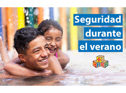 Video title board showing a close up of a brother and sister laughing in a pool, the CHKD logo, and title of the video.
